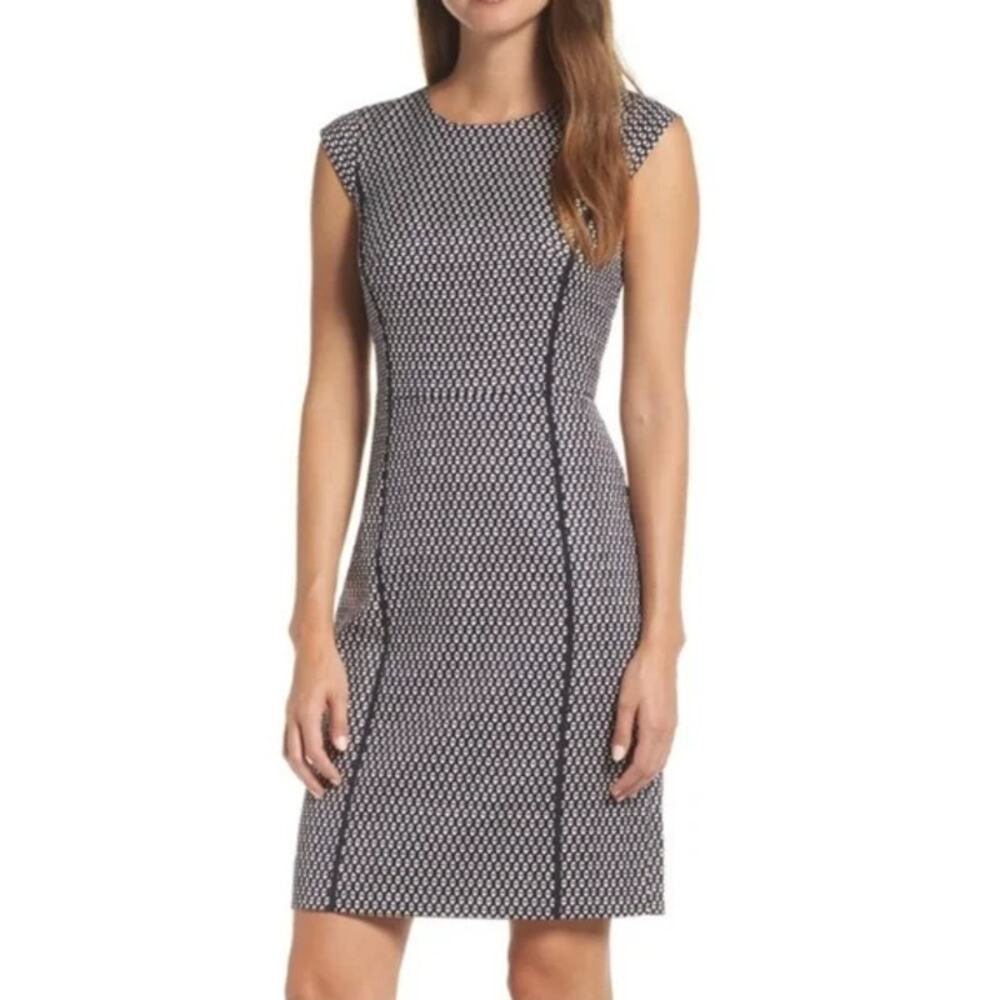 J. Crew Matelasse Cap Sleeve Sheath Dress Crew Neck Seam Geometric Print Mini